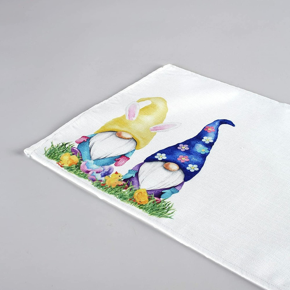 Hippity Hoppity Happy Easter Table Runner with Gnome Characters.