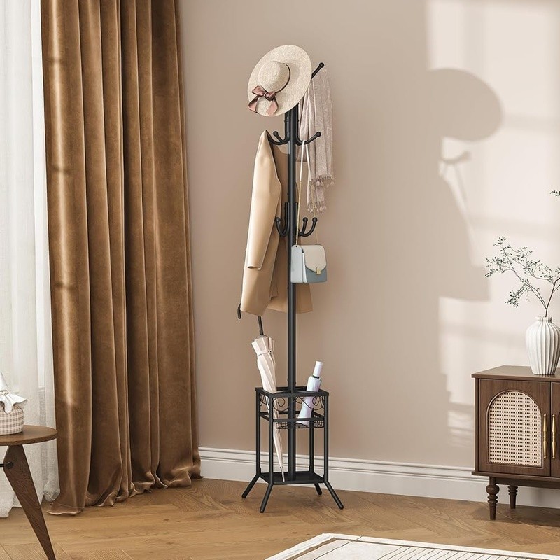Freestanding Coat Rack & Umbrella Holder 12 Hooks Space Saving Easy Installation