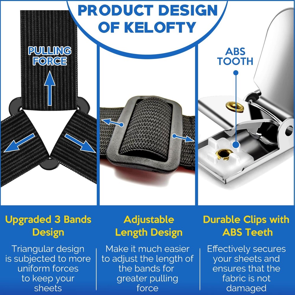 Bed Sheet Straps, 3 Adjustable Bands, Keep Sheets Tight, Secure Fit