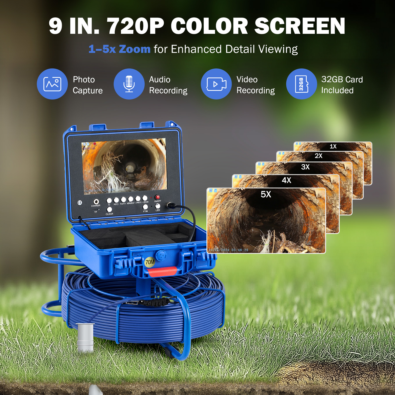 9" Self-Leveling Sewer Inspection Camera 512Hz 230ft/70m Digital Length Counter