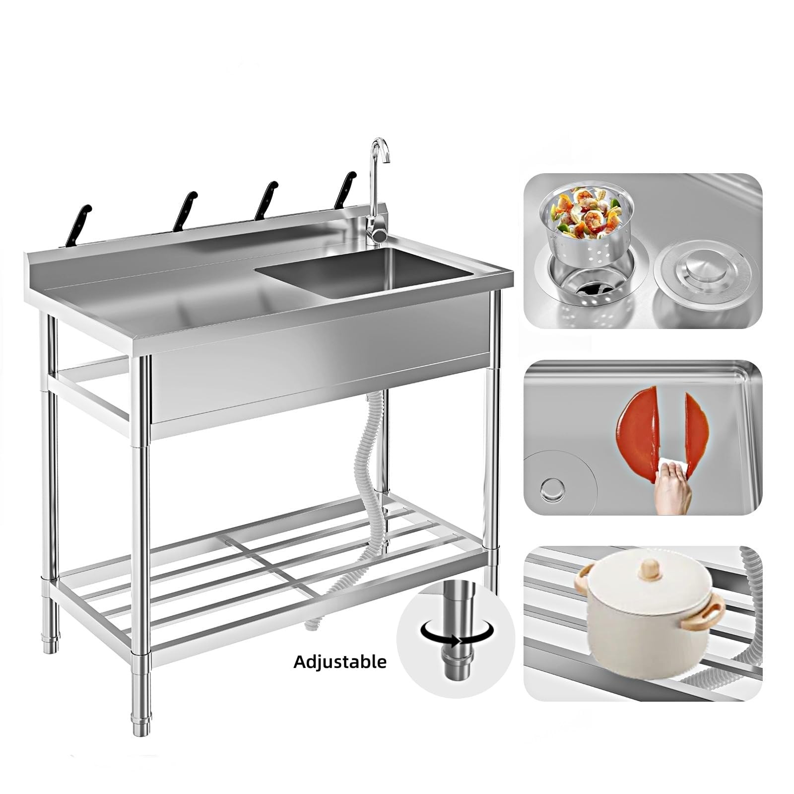 Stainless Steel Commercial Sink Utility Sink 1 Compartment Kitchen w/Prep Table