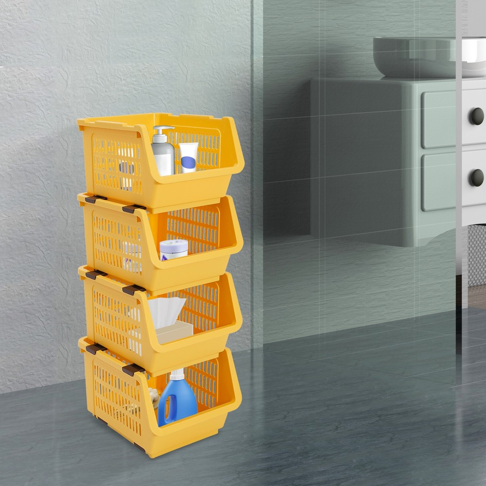 Stackable Plastic Storage Bins 4PC Yellow – Space Saving Organizer Set