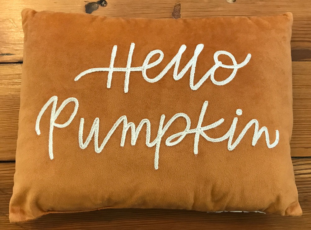 Hello Pumpkin Cursive Script Embroidered Velvet Fall Autumn Orange Throw Pillow