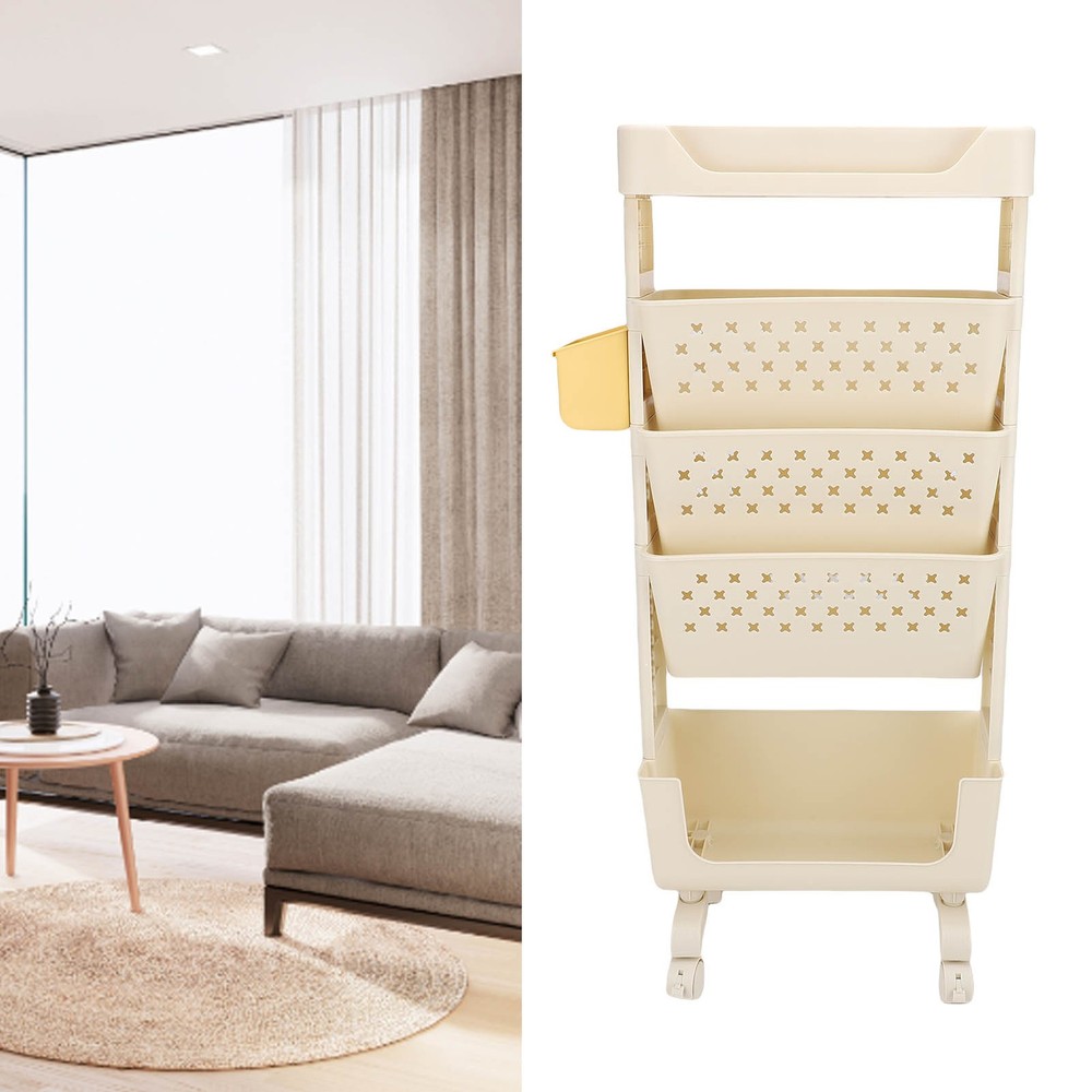 Rolling Book Cart 5 Tier PP Multi-Functional Movable Storage Book Rack White