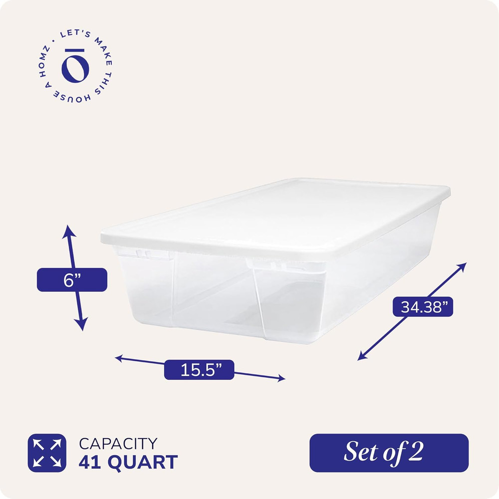 Large Clear Plastic Storage Bins with Lids, 41 Quart, 2-Pack, White