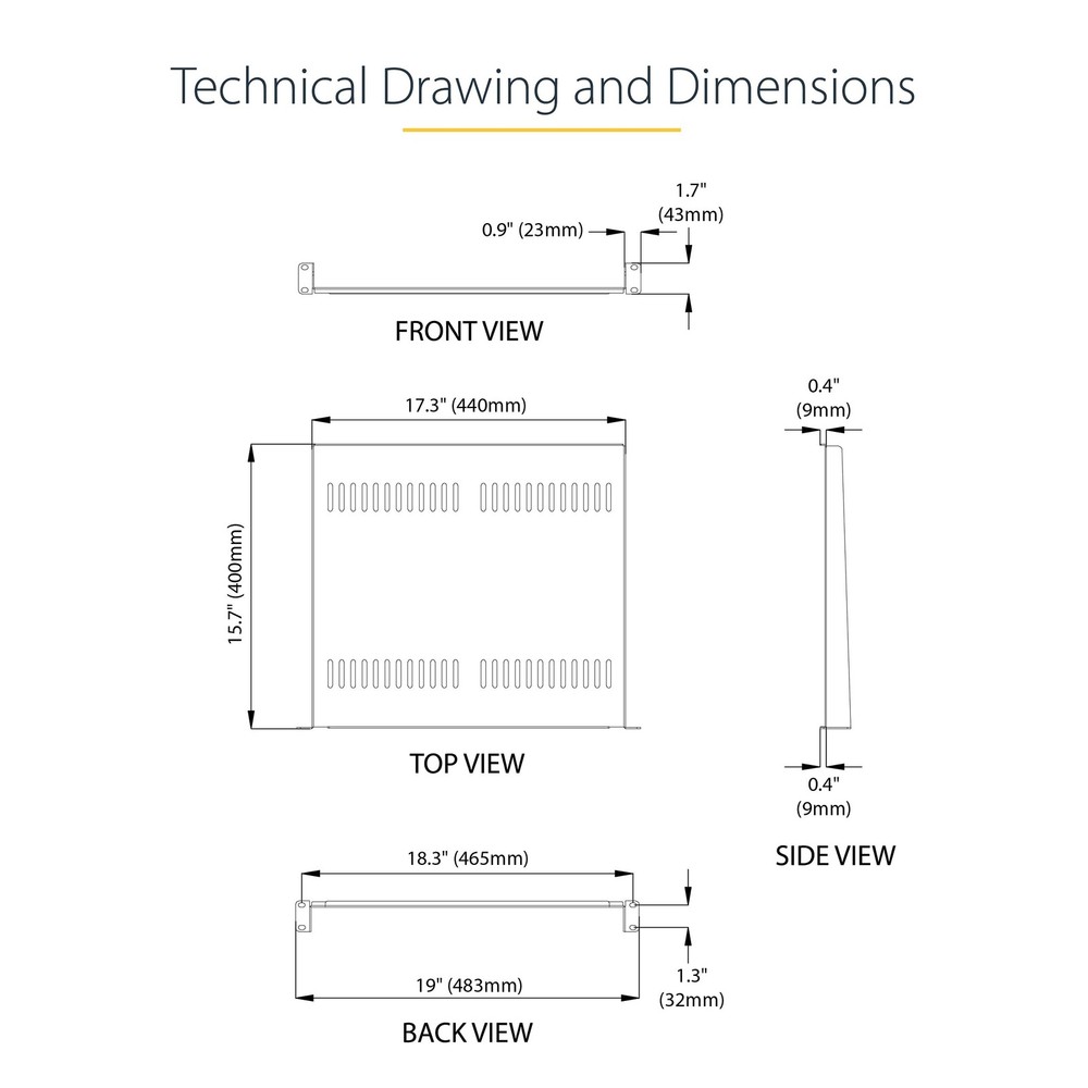StarTech 1U Vented Universal Server Rack Shelf 2Ct CABSHELF116V2PK