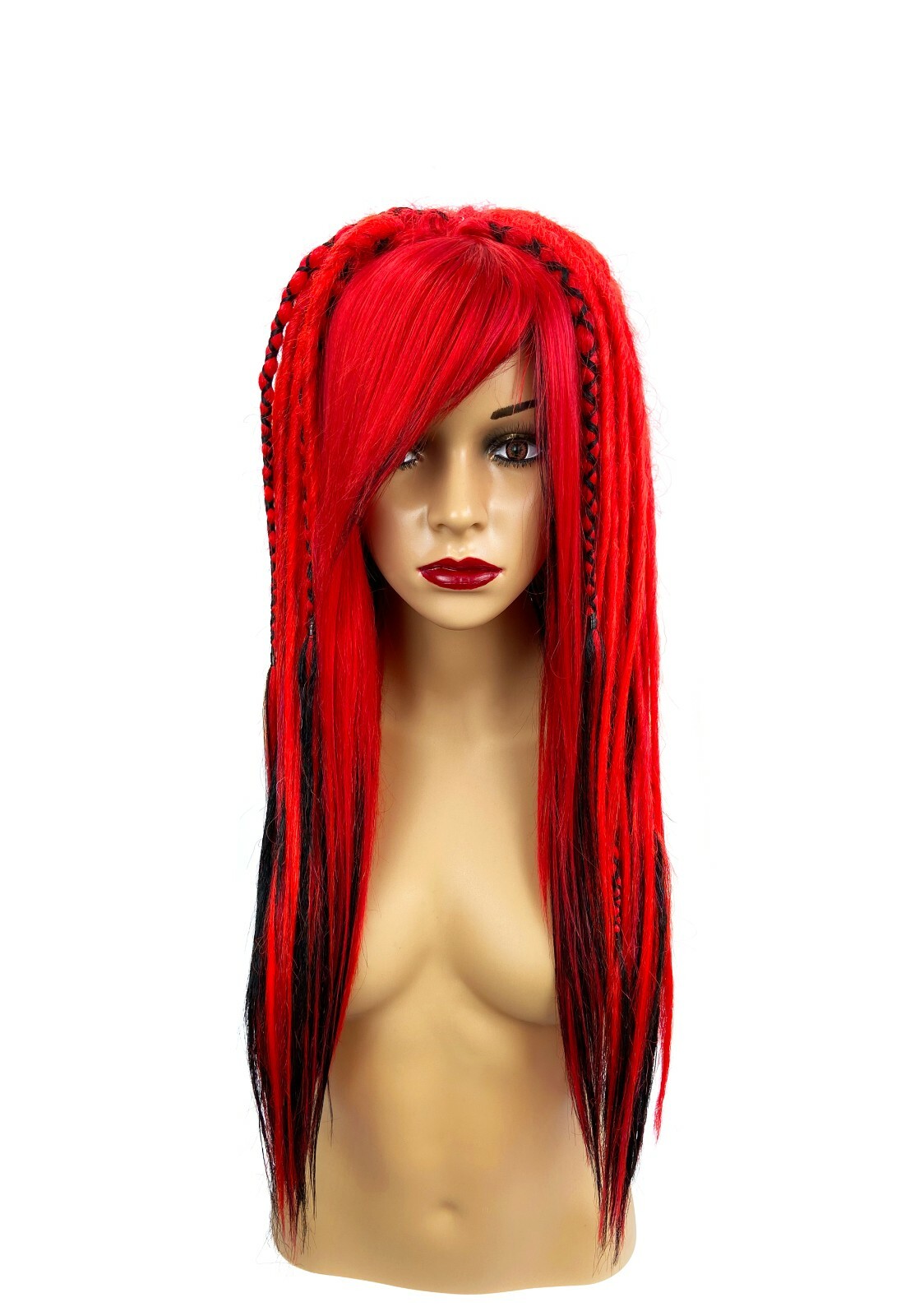 Red Black Synthetic Dread Wig Bangs Full Density Hair Gothic Cyberpunk Cosplay