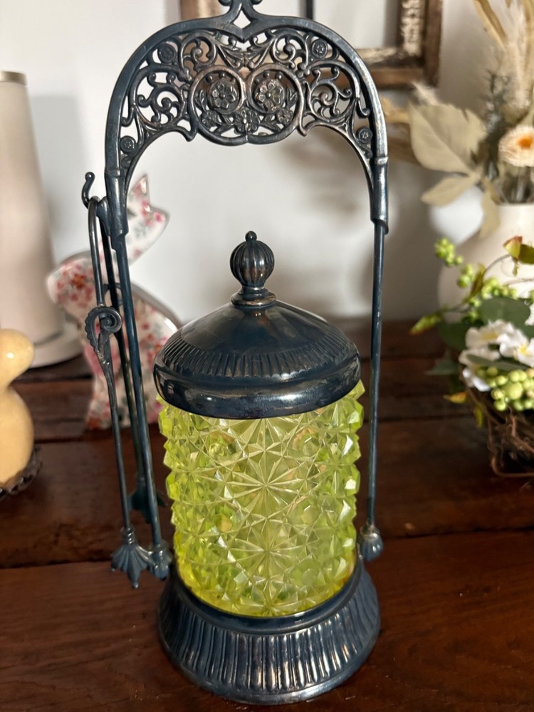 Antique Uranium Pickle Castor with Daisy Button Pattern and Tongs