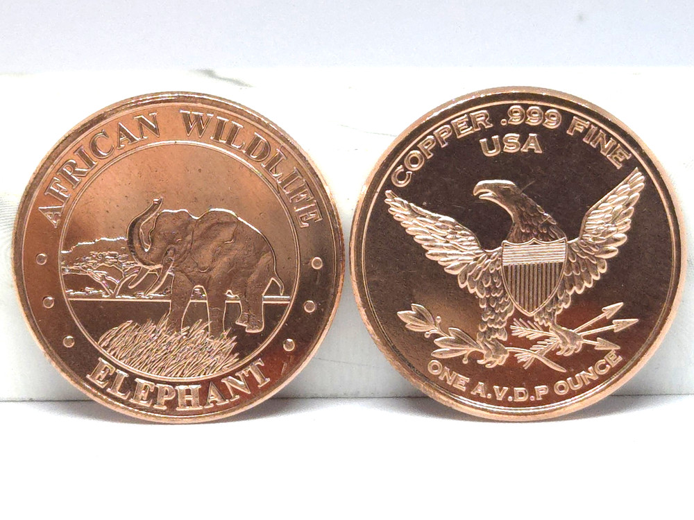 1 Oz. Solid .999 Fine Copper Round -Elephant Design