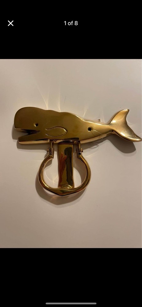 Vintage Whale Solid Brass Door Knocker 7” Nautical Ocean Theme