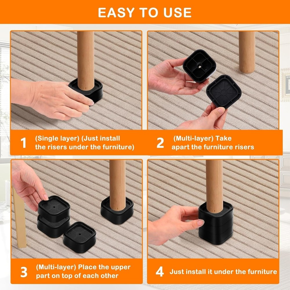 Adjustable 4 Pack Bed Risers - Heavy Duty Stackable Furniture Elevators (1-3 in)