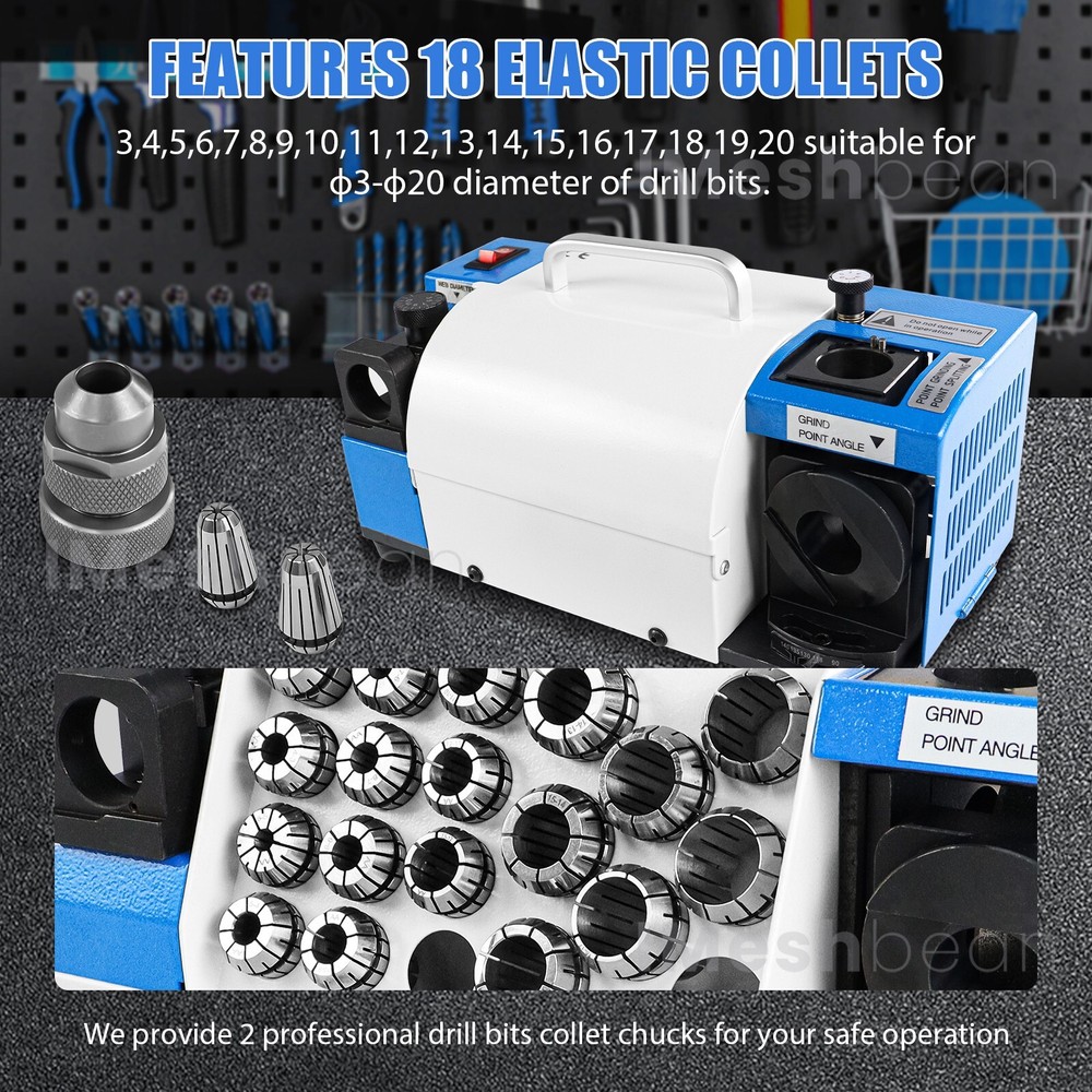 3-20mm Drill Bits Sharpener 95°-135° Bits Grinder Sharpener w/18 Collets 2 Wheel