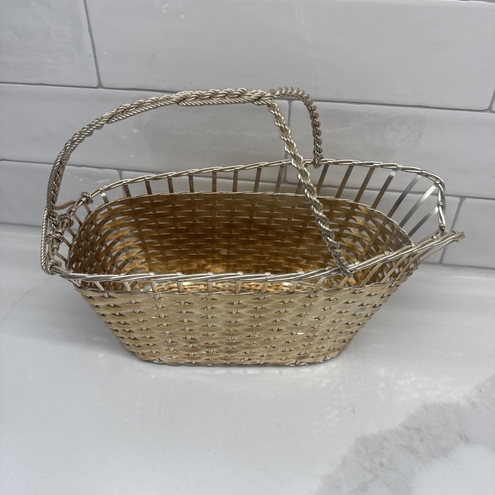William Adams France Silverplate Wine Bottle Holder Woven Basket Vintage