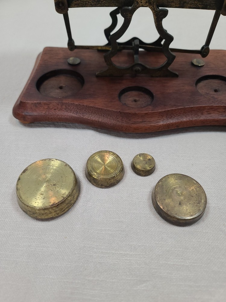 Antique Postal Scale Brass W/Walnut Base and Weights