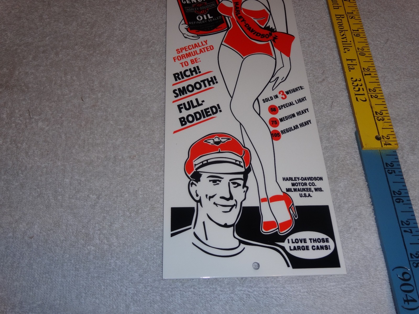 VINTAGE HARLEY DAVIDSON MOTORCYCLES WOMAN W/ LG OIL CANS 15" METAL GASOLINE SIGN