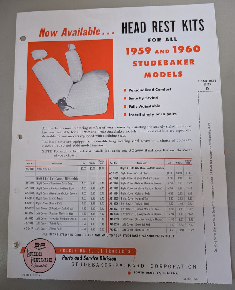 Studebaker Accessories Head Rest Kits Flyer