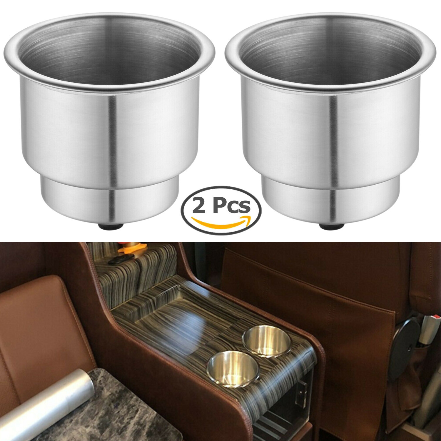 2x Stainless Steel Cup Drink Holders for Marine Boat Car Truck Camper RV w Drain