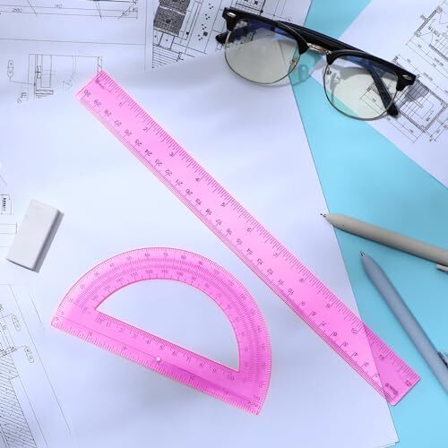2 Pack 12 Inch Plastic Ruler and 6 Inch Plastic Protractor Set Clear Math Pink