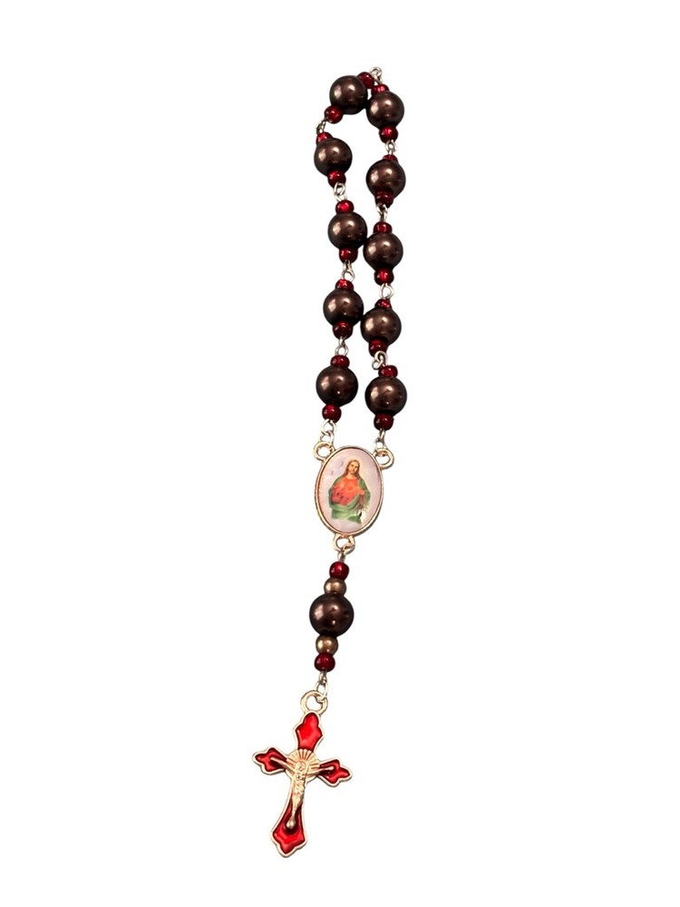 Handmade Frosted Dark Silver and Red Immaculate Jesus Pocket Catholic Rosary