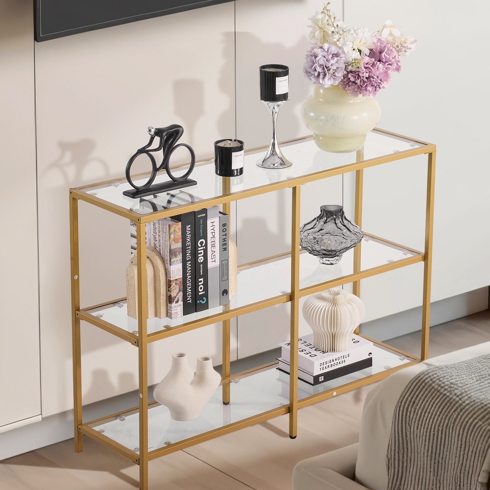 [New]3-Tier Glass Console Table,Modern Rectangle Sofa Side Table w/Tempered Glas