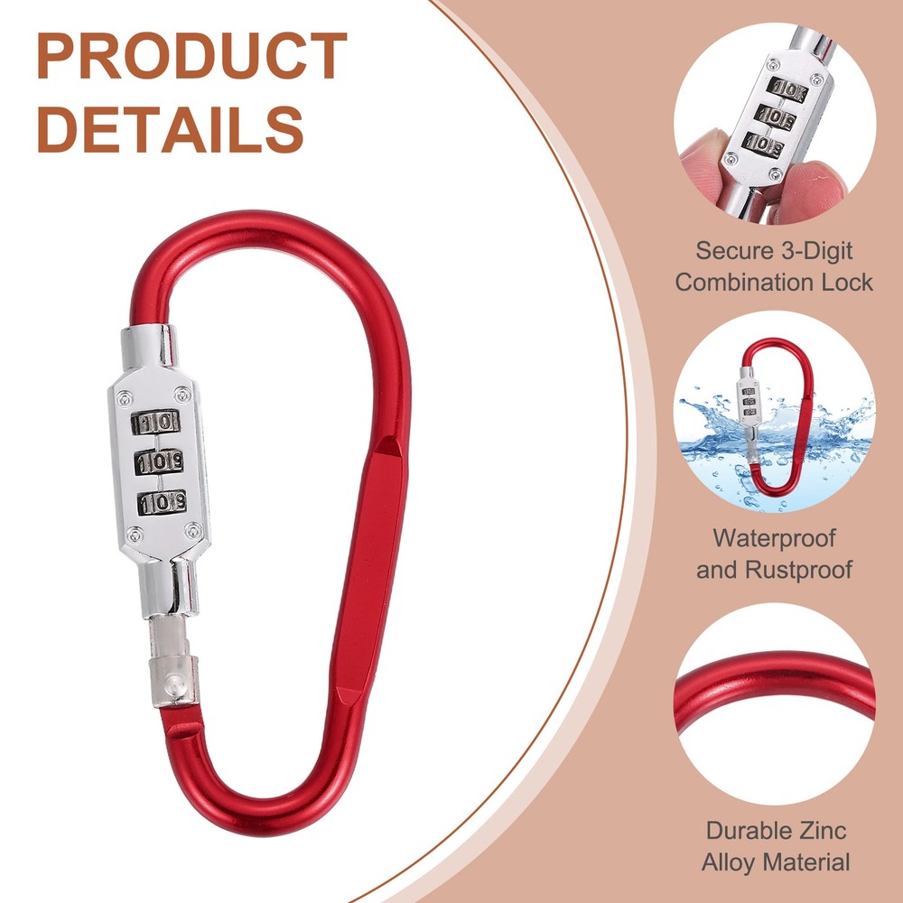 3.8" x 1.8" D-Shaped 3-Digit Code Combination Lock D-Ring Clip Locking, Red