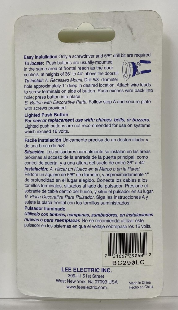 Lee Electrical BC290LC Lighted Screw Back Door Bell Illuminated Push Button 16V