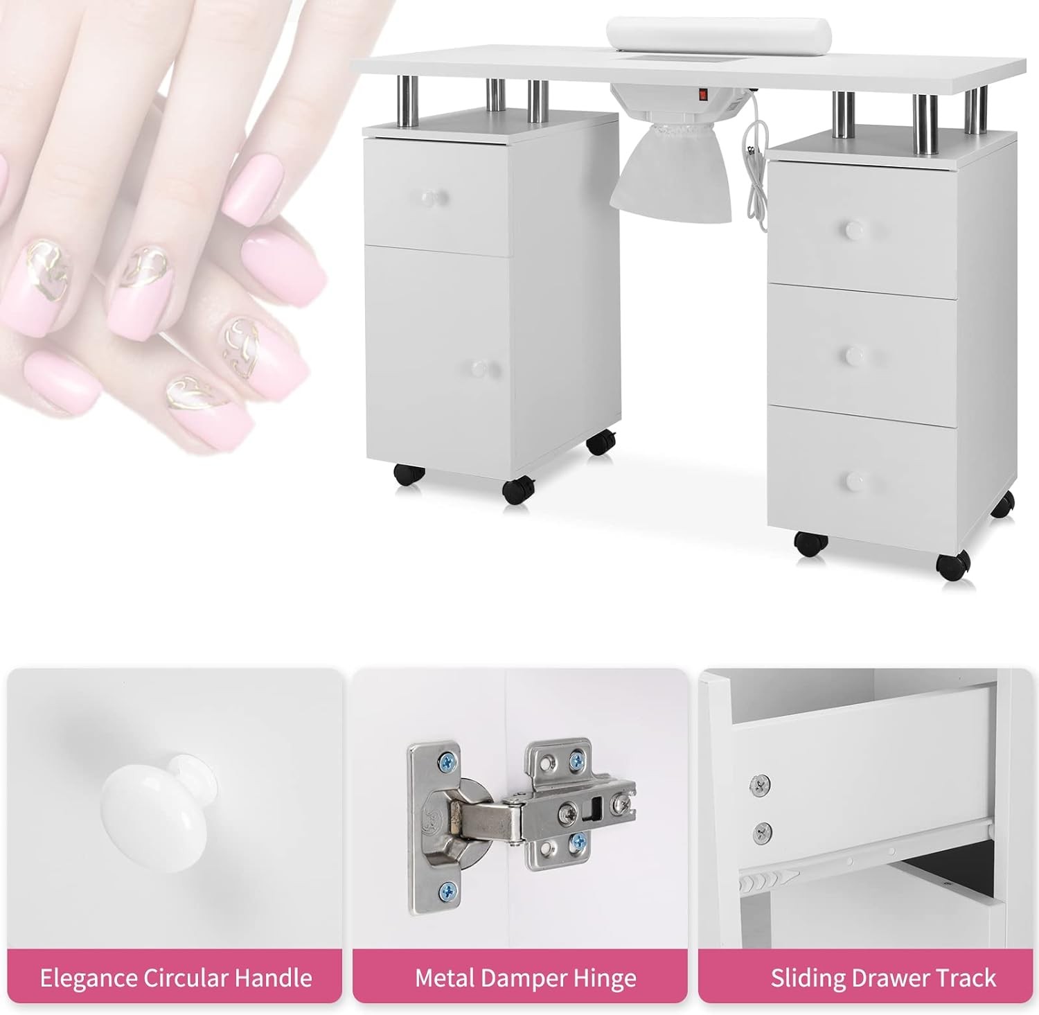 Manicure Table Nail Desk Nail Table Station w/Electric Dust Collector +4 Drawers