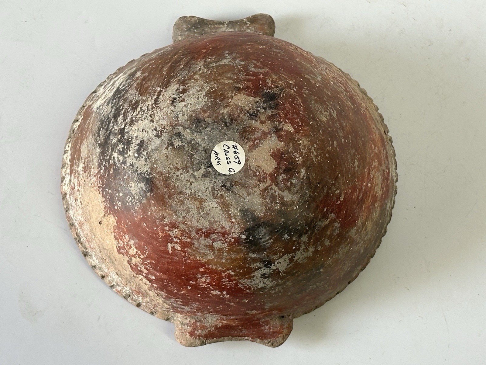 COLORFUL RED QUAPAW POTTERY HANDLED PIE CRUST BOWL ARKANSAS MISSISSIPPIAN JAR