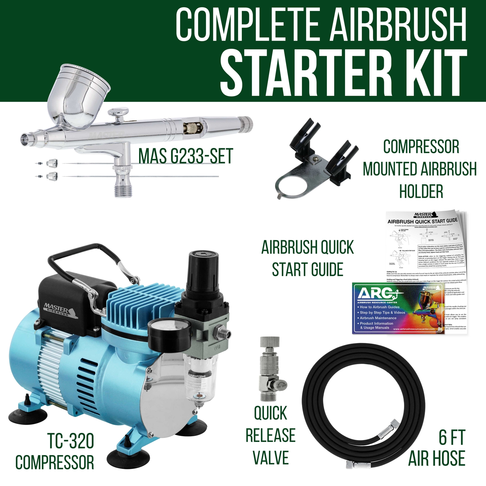 Master Airbrush Air Compressor Kit with G233 Gravity Feed Airbrush 3 Tip Pro Set