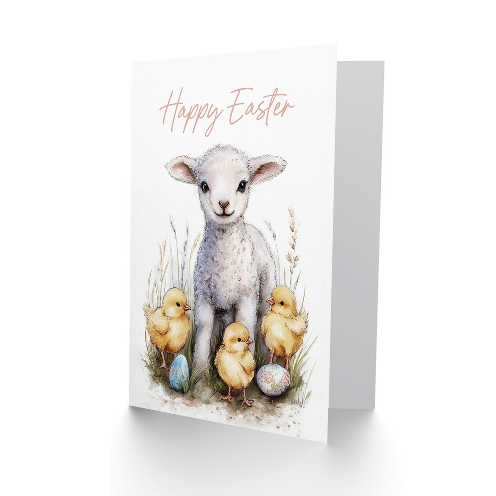 Happy Easter Greeting Card – Lamb, Chicks, and Eggs, Blank Inside