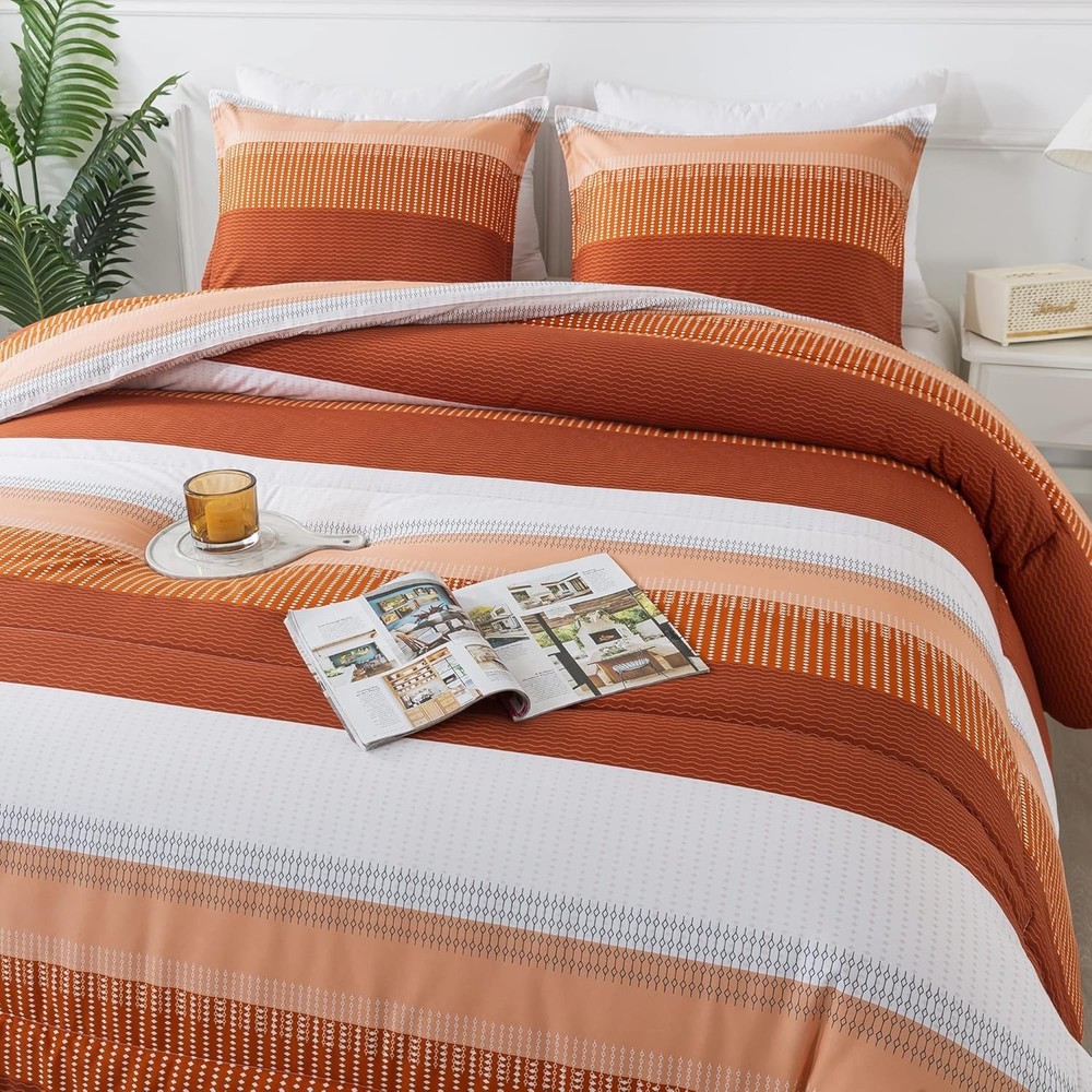 Full Size Comforter Set,3 Pieces Black White Gray Patchwork Striped