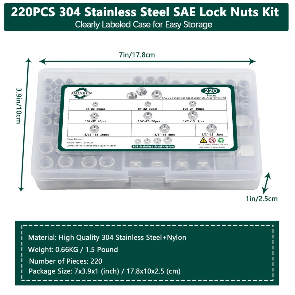 SAE Lock Nuts Assortment Kit, 220PCS Nylon Insert Nut Sets, 304 Stainless Ste...