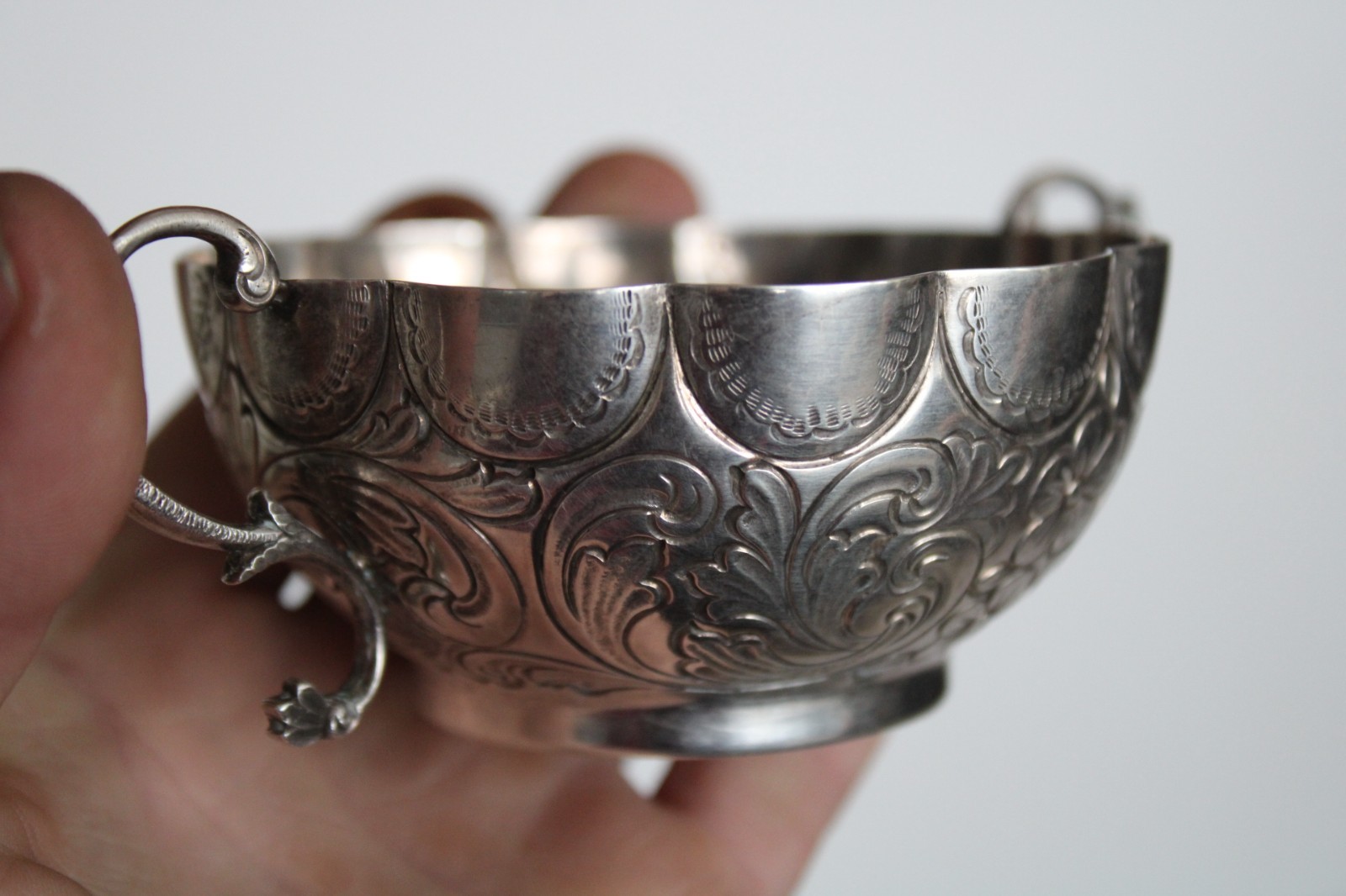 Antique 19th Century Silver Portuguese Bernegal Repousse Handled Religious Cup
