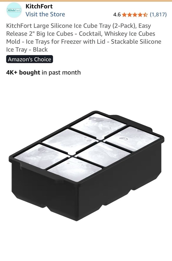KitchFort Large Silicone Ice Cube Tray 2-Pack Black Stackable Easy Release