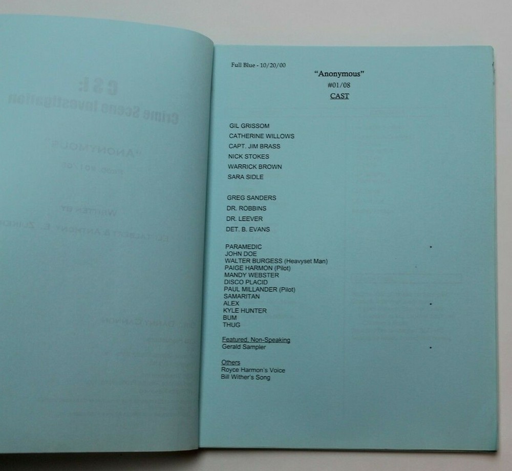 CSI: CRIME SCENE INVESTIGATION / Anthony E. Zuiker, 2000 TV Script "Anonymous"