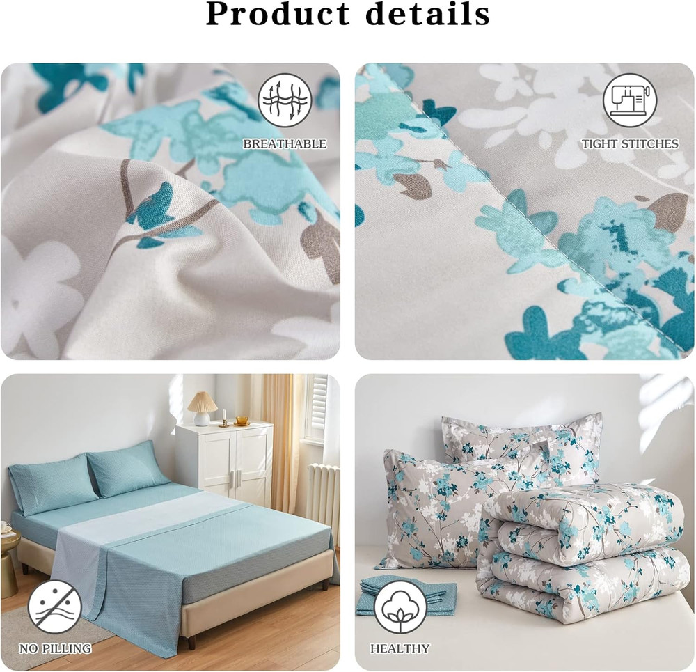 King Size 7-Piece Aqua Grey Botanical Comforter Bedding Set