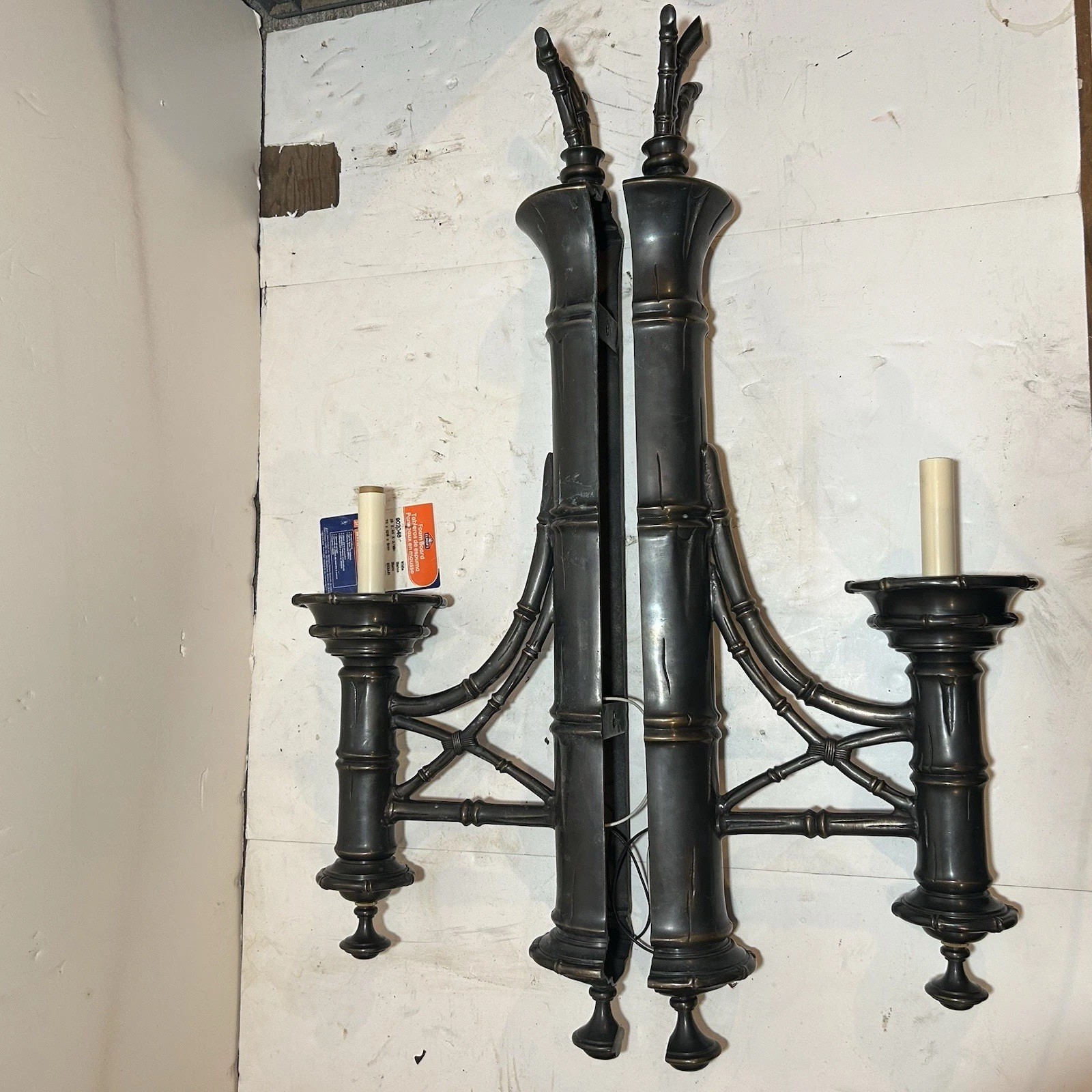 PAIR Vintage Decorative Arts Inc HUGE 31.75” Bronze / Brass Bamboo Wall Sconces