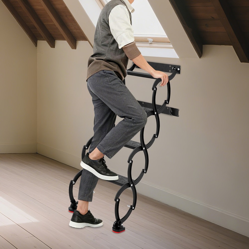 4-Step Wall Mounted Folding Ladder, Black Retractable Telescoping Step Ladders