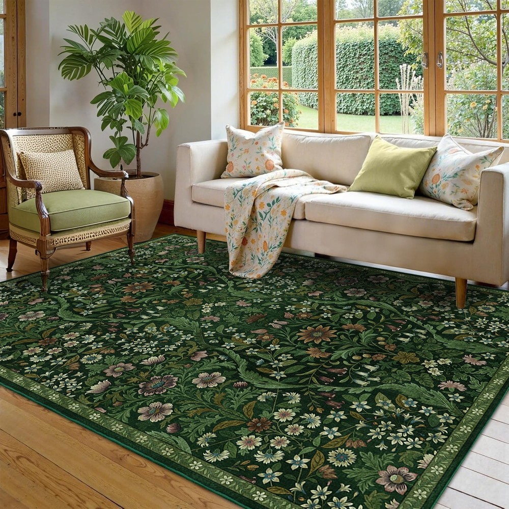 5×7 Dark Green Washable Floral Area 5' x 7' (Rectangular),