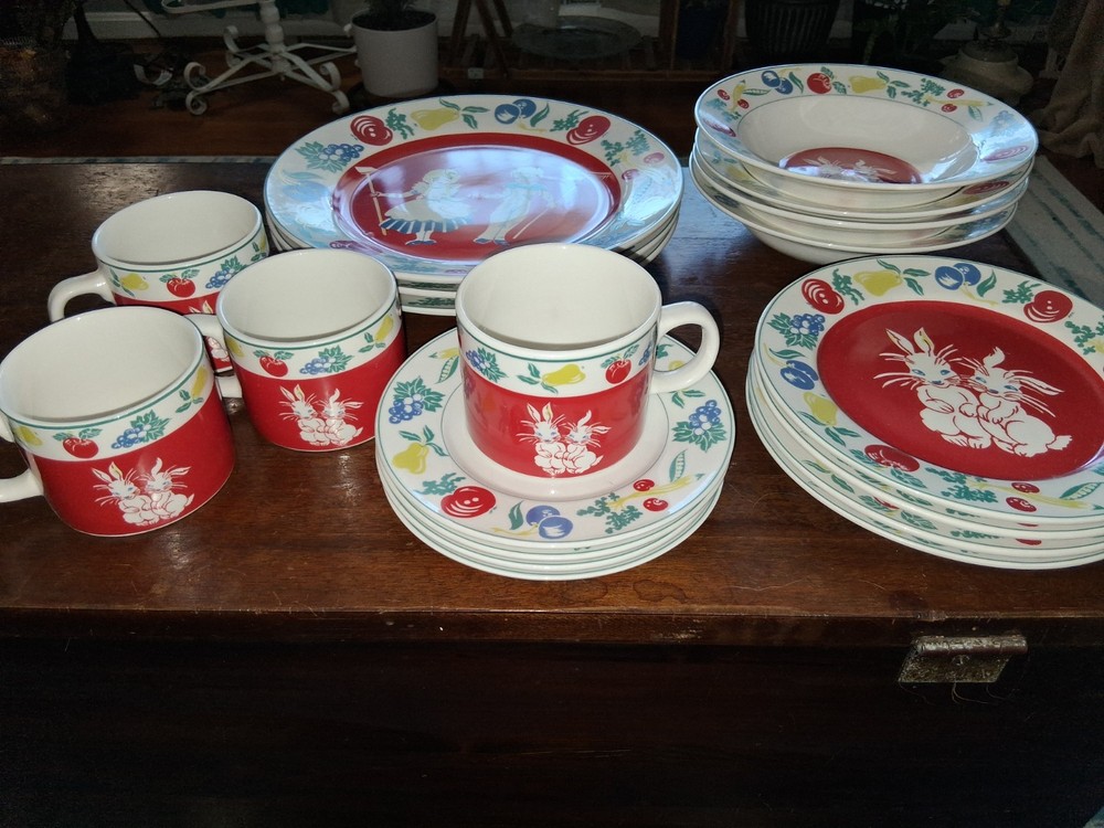 Mid Century Ceramic Dinnerware Red, Boy, Girl, Rabbits