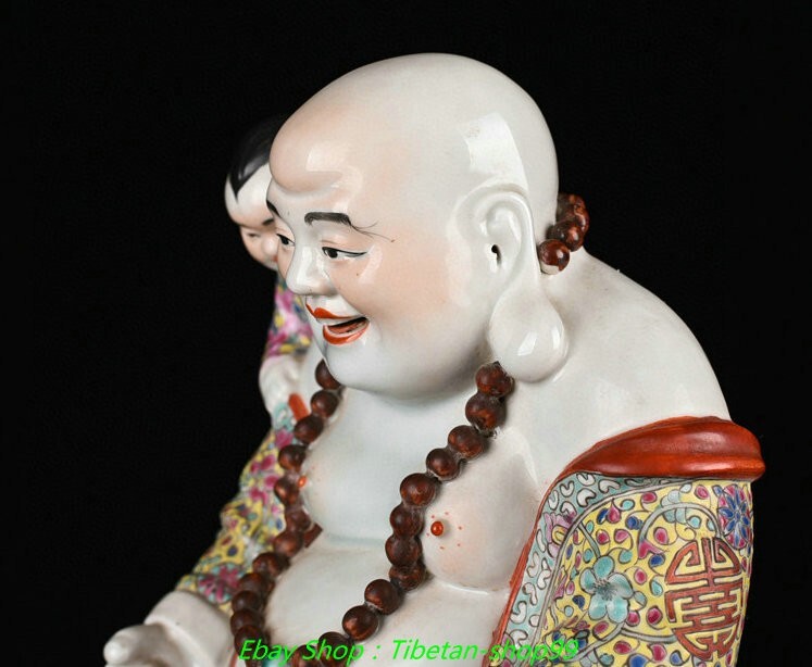 11.8''Old Famille Rose Porcelain Gilt Tongzi Happy Laugh Maitreya Buddha Statue