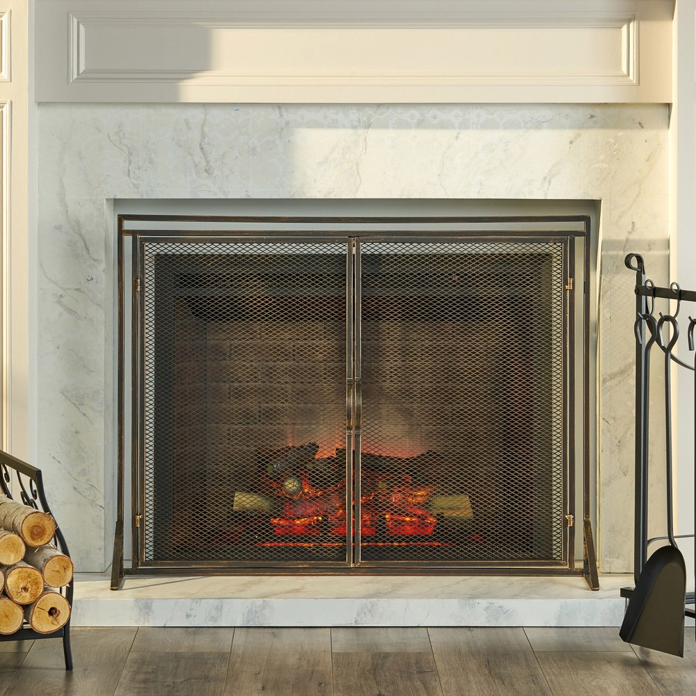 40" Matte Black Iron Fireplace Screen, Modern Single Panel with 2 Access Doors