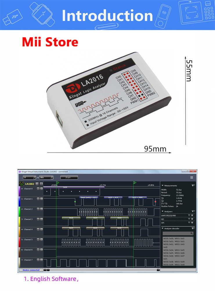 LA2016 USB Logic Analyzer 200M MAX Sample Rate 16Channels 2M PWM 10B samples