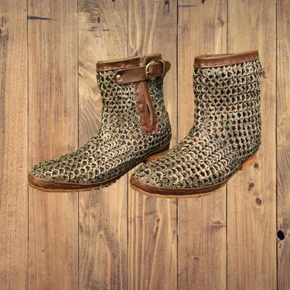 9mm Chainmail Leather Shoes | Flat Ring Dome Riveted Medieval Boots
