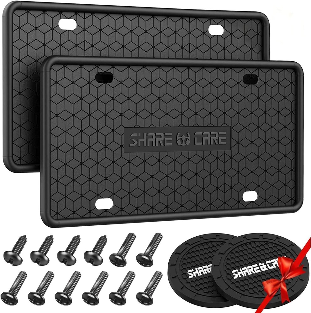 2 Pack Silicone License Plate Frame - Rust Proof & Weather Proof - Black
