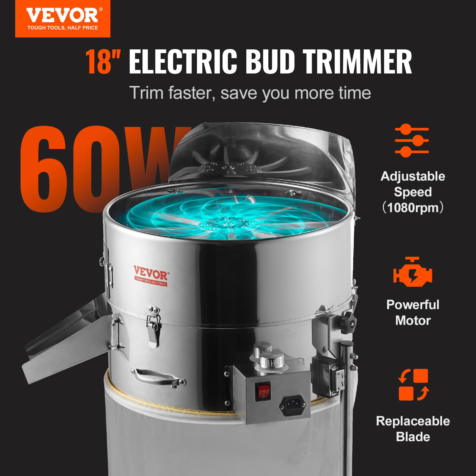 VEVOR Electric Bud Trimmer 18'' Electric Leaf Trimmer Machine 60W Sharp Blades