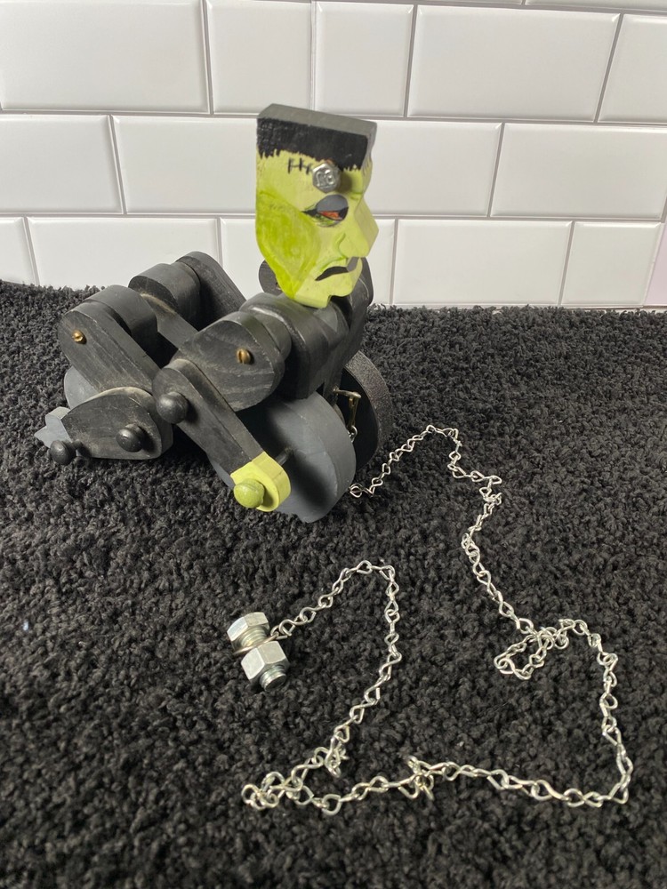 Frankenstein Wooden Pull Toy Halloween Decor Hand Painted OOAK Chain Bolt Pull