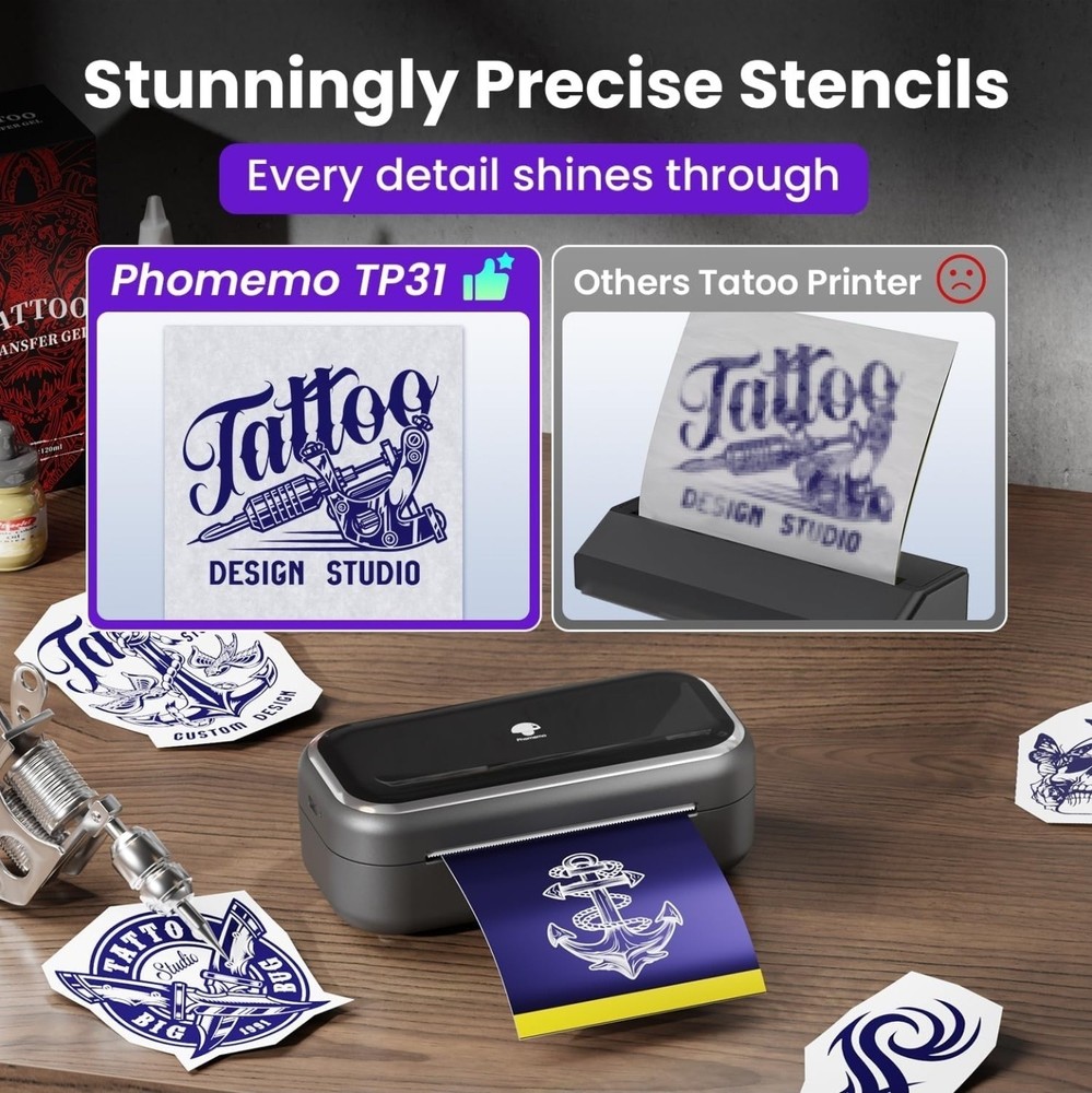 Phomemo TP31 Tattoo Stencil Printer Mini Tattoo Printer w/ 30pcs Transfer Paper