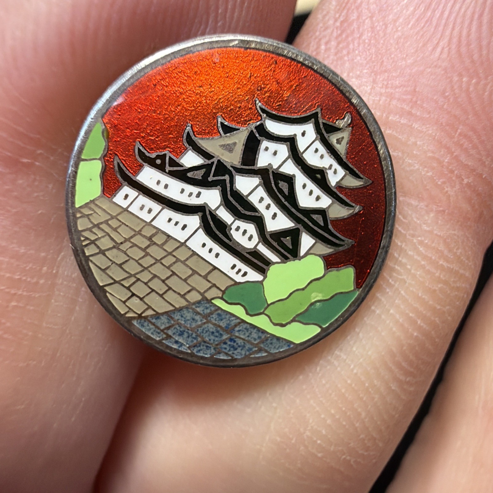 Vintage Japanese Cloisonne Enamel Sterling Silver Cufflinks Red House Palace