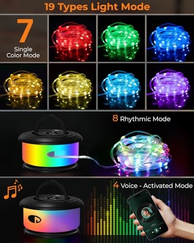 Camping String Lights, Retractable 32.8ft RGB Flash Lamp, Rechargeable 1 Black